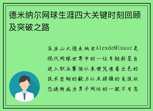 德米纳尔网球生涯四大关键时刻回顾及突破之路 德米纳尔网球生涯四大关键时刻回顾及突破之路