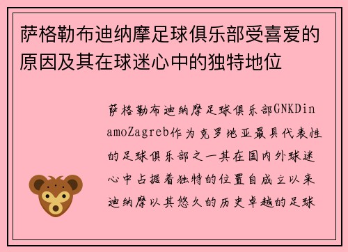 萨格勒布迪纳摩足球俱乐部受喜爱的原因及其在球迷心中的独特地位 萨格勒布迪纳摩足球俱乐部受喜爱的原因及其在球迷心中的独特地位